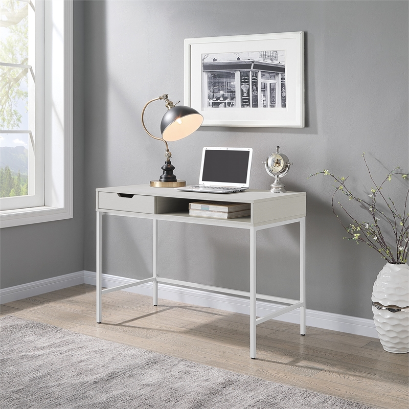 Contempo 40-Inch Desk with Drawer and Shelf in White Finish with Metal Legs
