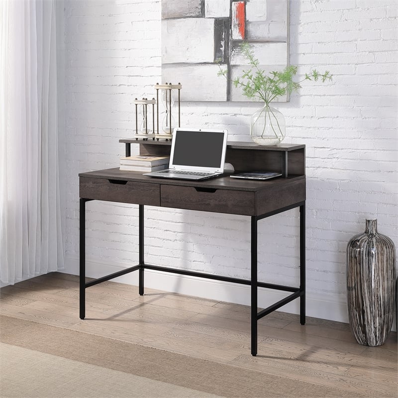 Contempo 40-Inch Desk with 2 drawers and shelf hutch in Brown Wood Grain Finish