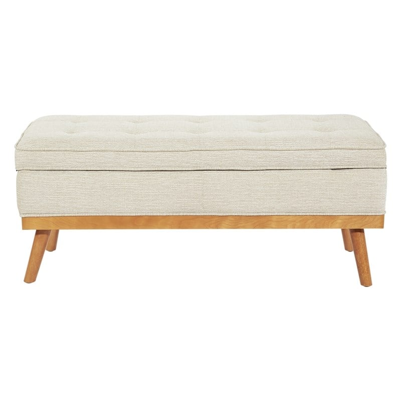 Katheryn Storage Bench in Linen Beige Fabric with Light Espresso Legs