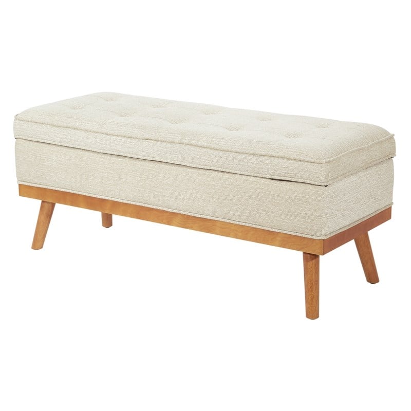 Katheryn Storage Bench in Linen Beige Fabric with Light Espresso Legs