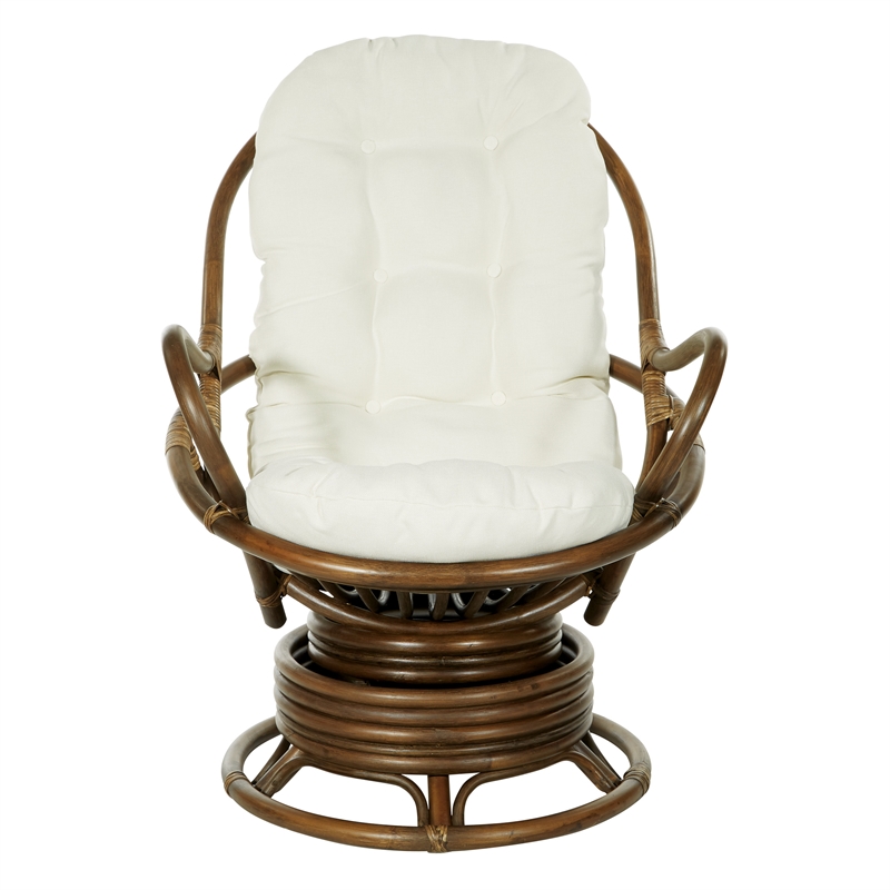 Kauai Rattan Swivel Rocker Chair in Linen Beige Fabric and Brown Ratan