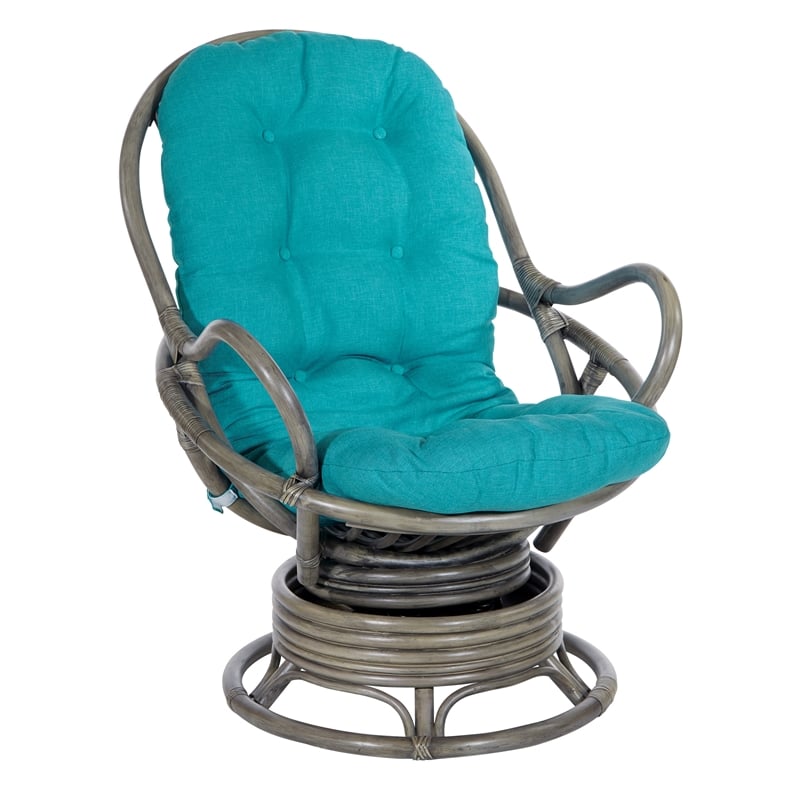 Tahiti Rattan Swivel Rocker Chair in Blue Fabric with Grey Rattan Frame ...