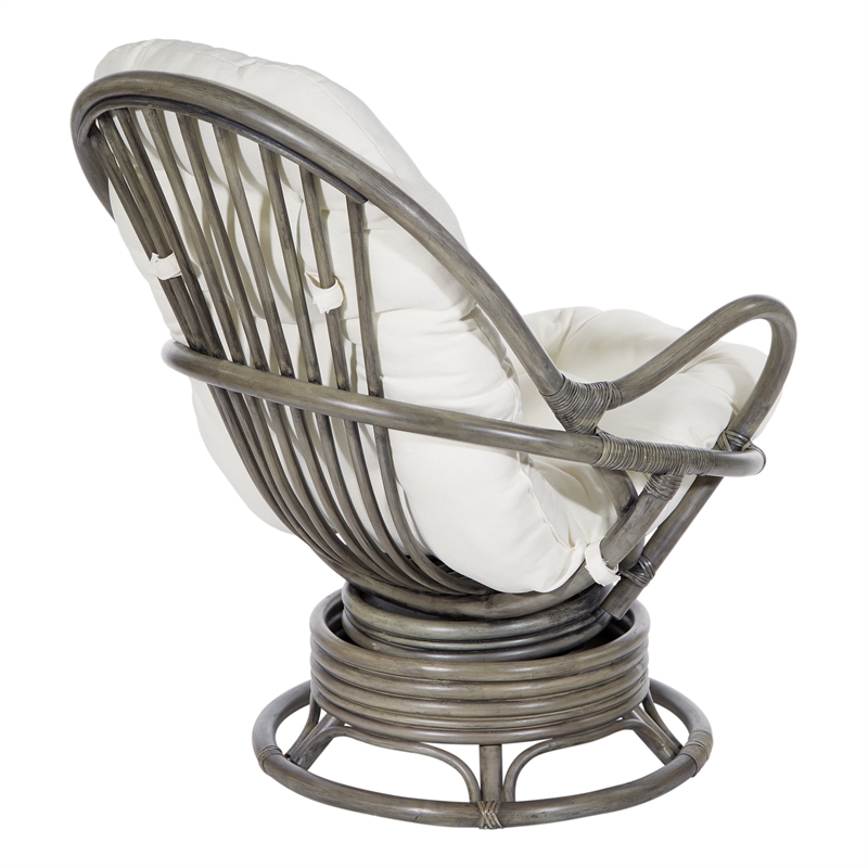 Tahiti Rattan Swivel Rocker Chair in White Fabric with Grey Rattan