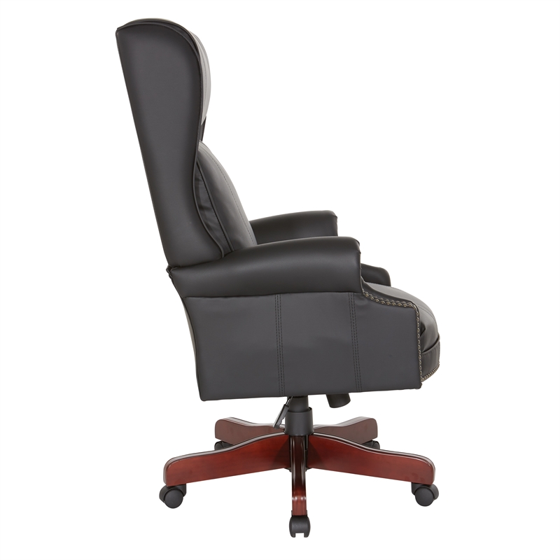 Executive High Back Chair with Black Vinyl and Brass Finish Nail Trim Upholstery