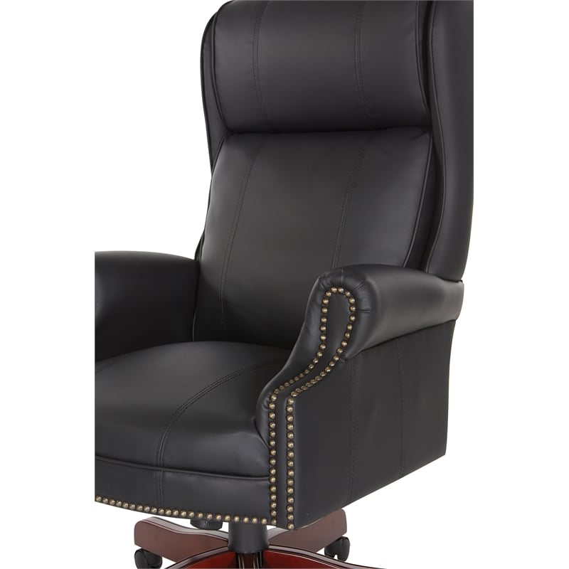 Executive High Back Chair with Black Vinyl and Brass Finish Nail Trim Upholstery