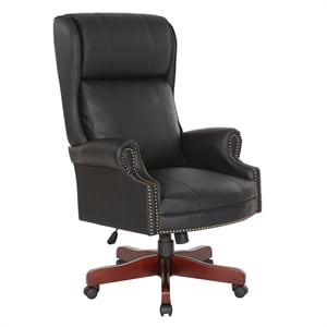 Executive High Back Chair with Black Vinyl and Brass Finish Nail Trim Upholstery