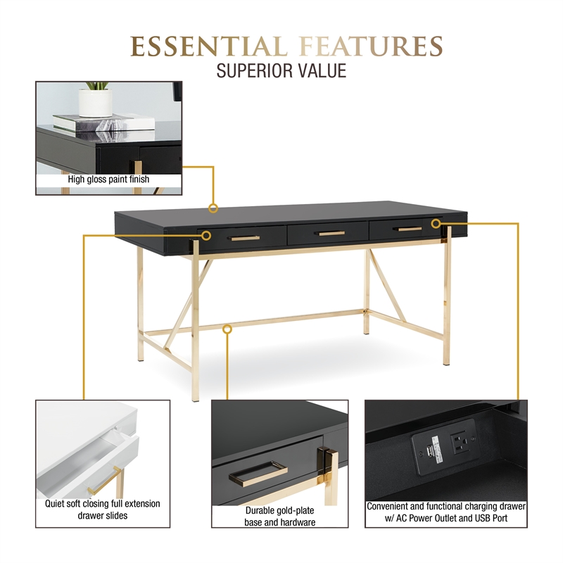 Broadway Desk with Black Gloss Finish and Gold Frame