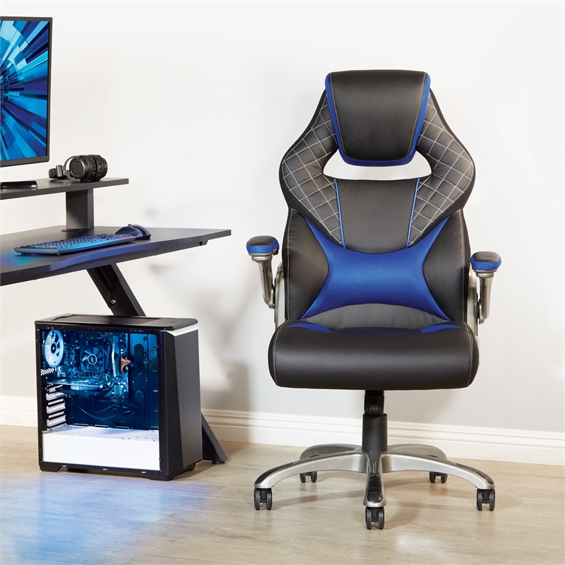 Oversite Gaming Chair in Faux Black Leather with Blue Accents