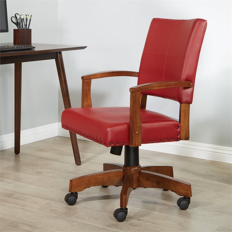 Deluxe Wood Bankers Chair in Red Faux Leather