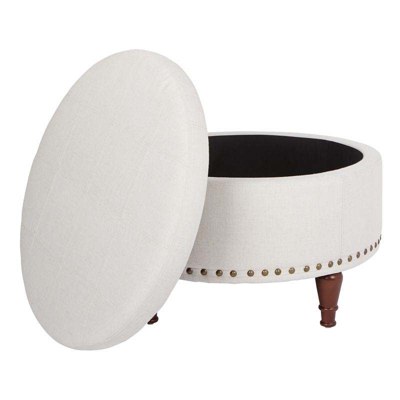 Alloway Storage Ottoman in Linen Natural Fabric with Antique Bronze Nailheads
