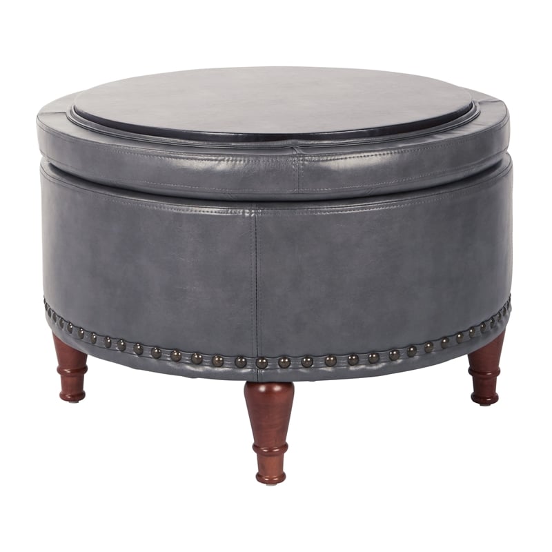Alloway Storage Ottoman in Pewter Faux Leather with Antique Bronze Nailheads
