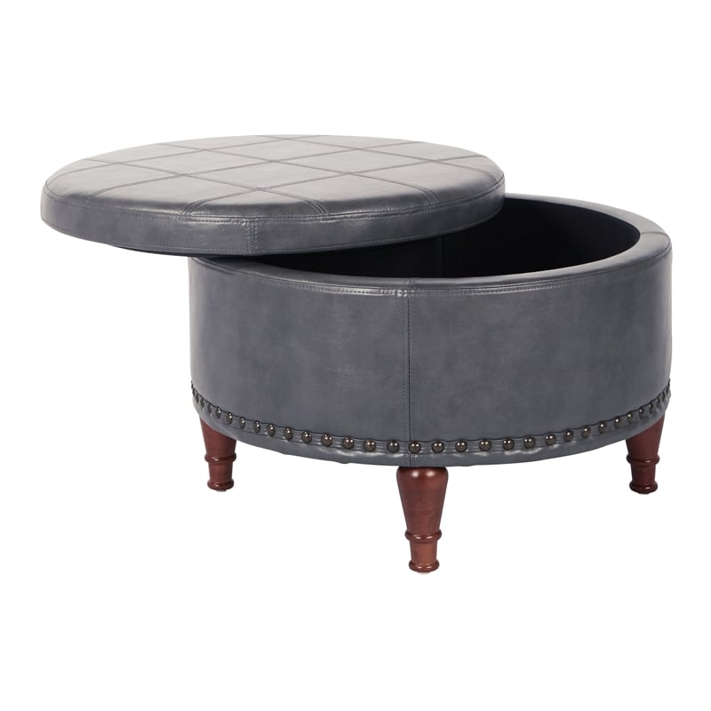 Alloway Storage Ottoman in Pewter Faux Leather with Antique Bronze Nailheads