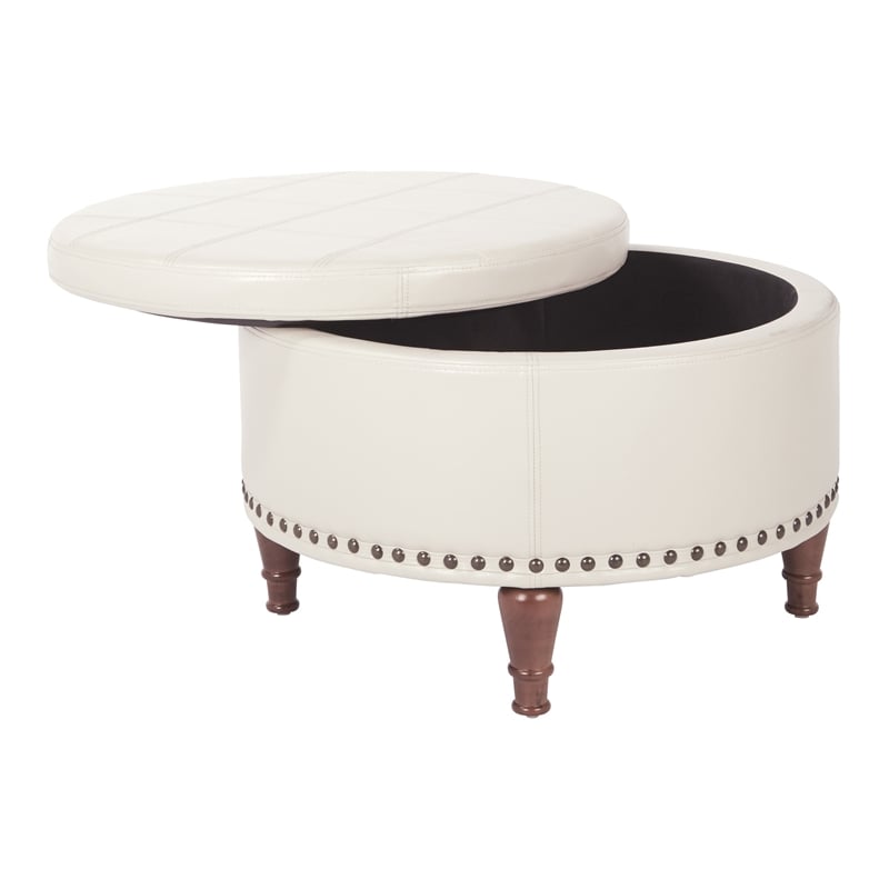 Alloway Storage Ottoman in Cream Faux Leather with Antique Bronze Nailheads