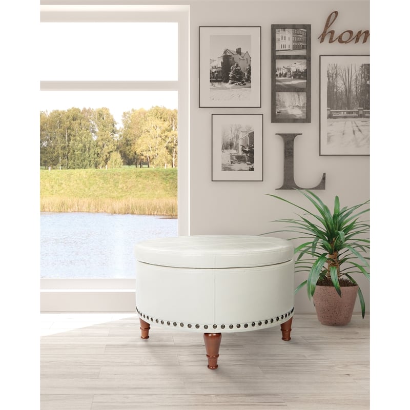 Alloway Storage Ottoman in Cream Faux Leather with Antique Bronze Nailheads