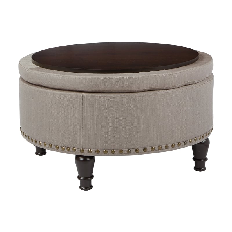Augusta Round Storage Ottoman in Klein Dolphin Gray Fabric