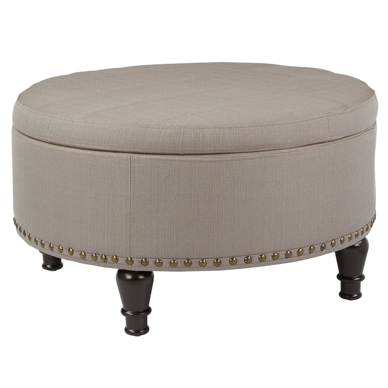 Augusta Round Storage Ottoman in Klein Dolphin Gray Fabric