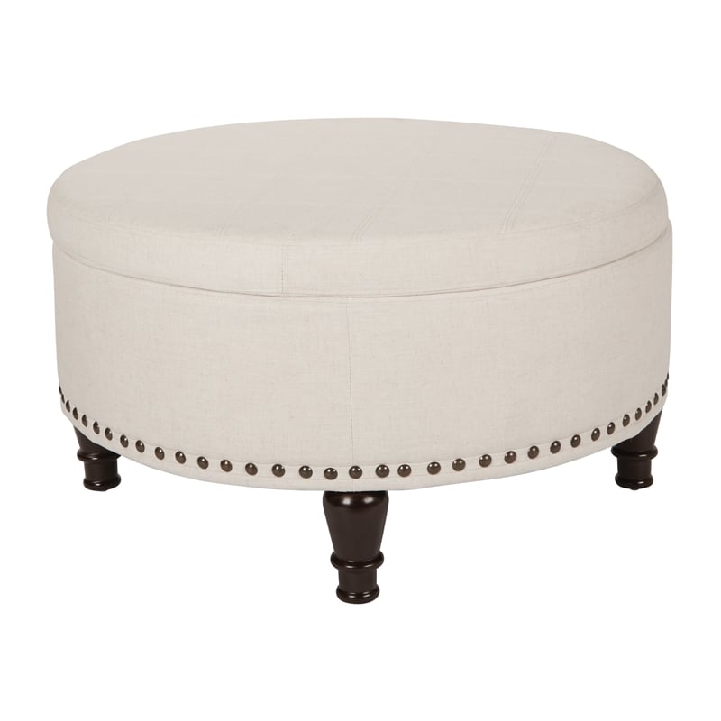 OSP Home Furnishings Augusta Round Storage Ottoman in Linen Cream Fabric