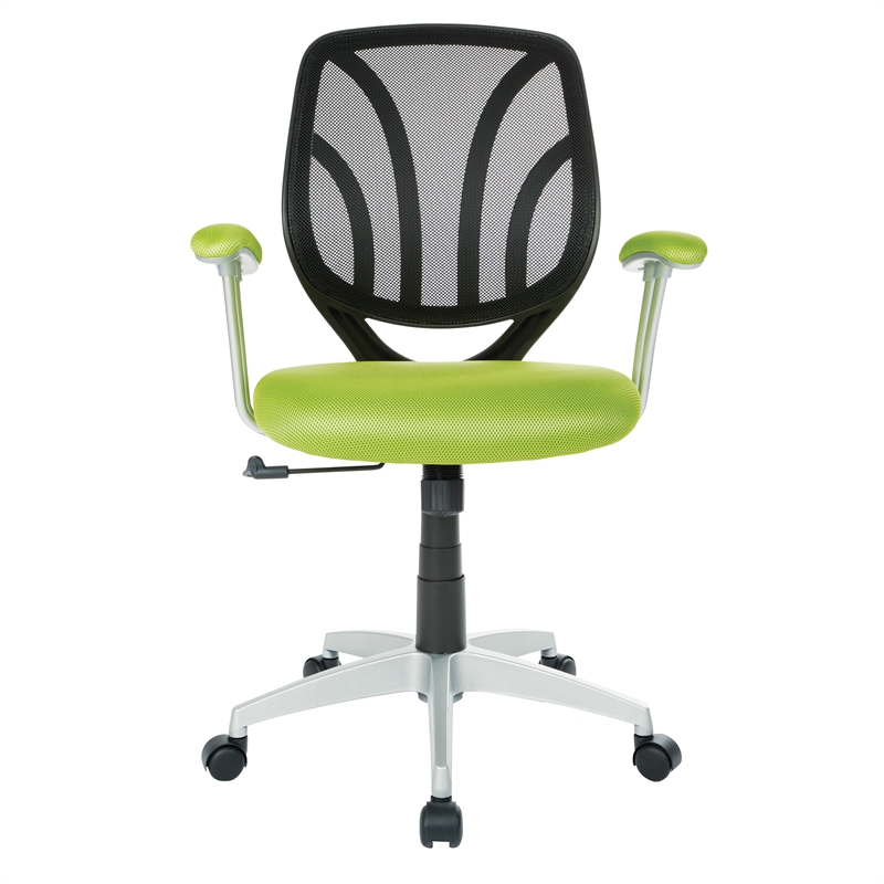 Screen Back Chair with Green Mesh Fabric and Silver Coated Arms and Base