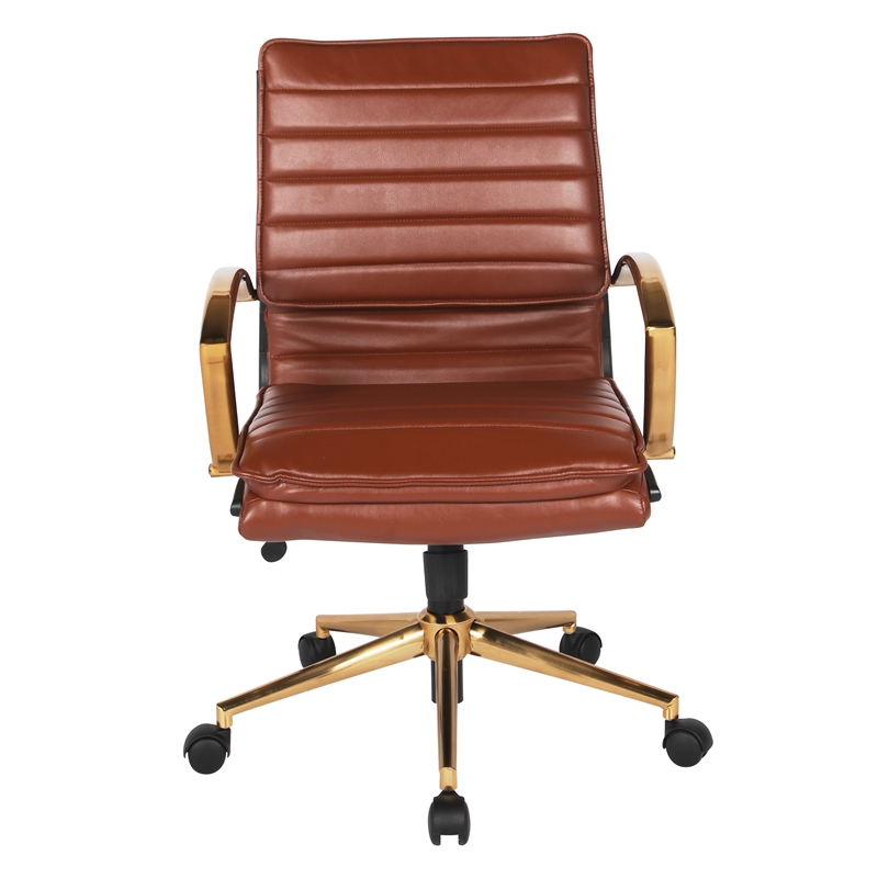 OSP Home Furnishings Mid-Back Saddle Brown Faux Leather Chair with Gold Finish