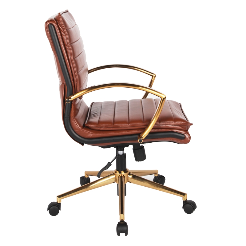 OSP Home Furnishings Mid-Back Saddle Brown Faux Leather Chair with Gold Finish