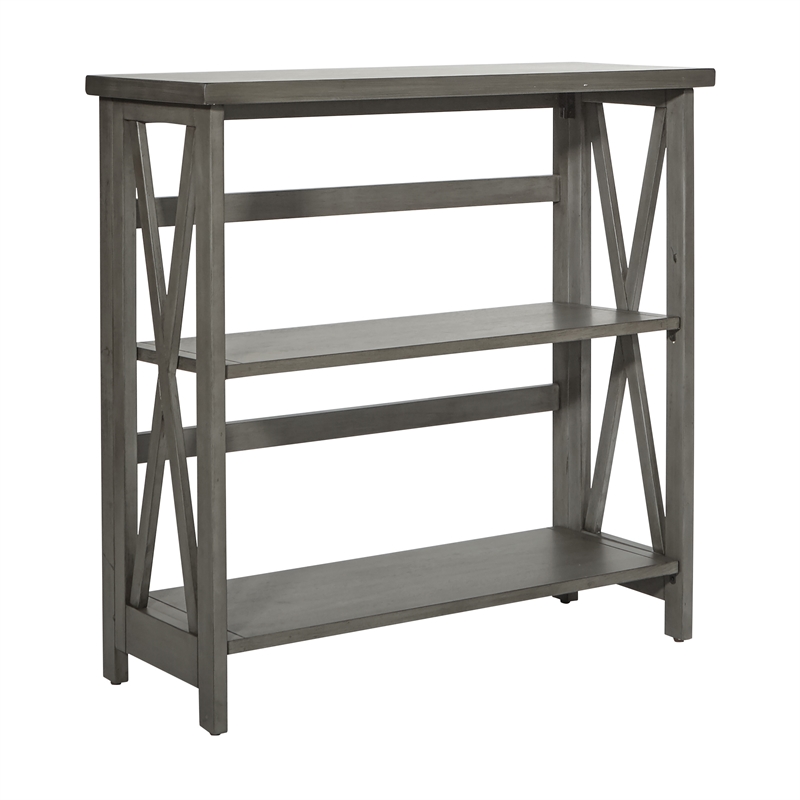 Hillsboro 3 Shelf Wood Bookcase In Gray Wash Finish With Folding