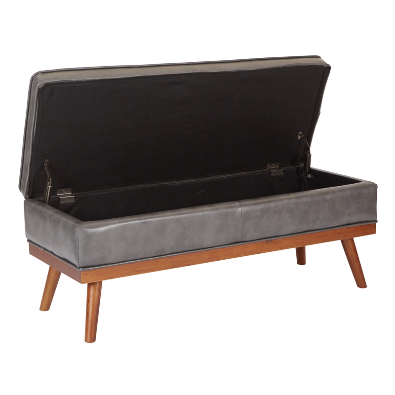Katheryn Storage Bench in Deluxe Pewter Bonded Leather with Light Espresso Legs