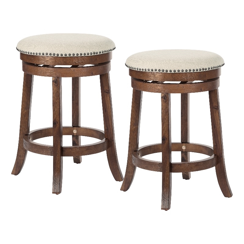Backless Swivel Wood Stool in Burnt Brown Finish 2-Pack
