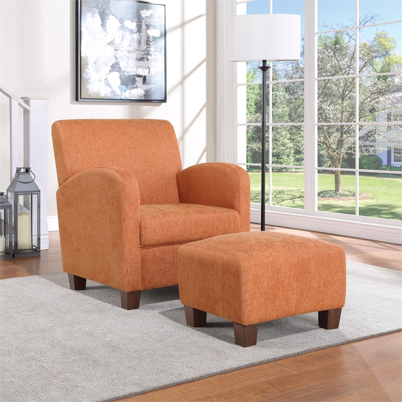 Aiden Chair & Ottoman Herringbone Orange Fabric with Medium Espresso Legs