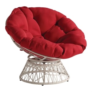 papasan chair with red round fabric pillow cushion and cream wicker weave