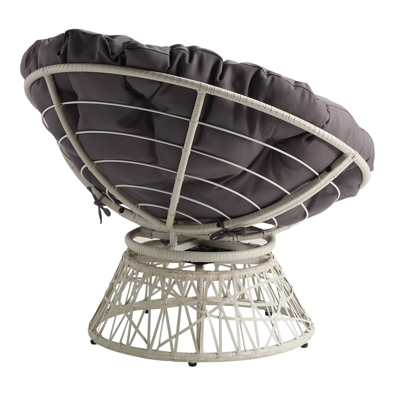 Papasan Chair with Gray Round Fabric Pillow Cushion and Cream Wicker Weave