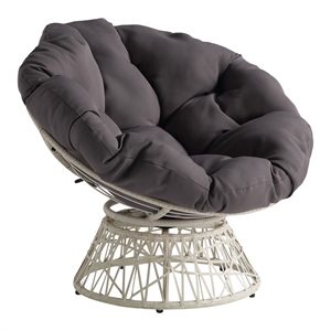 papasan chair with gray round fabric pillow cushion and cream wicker weave