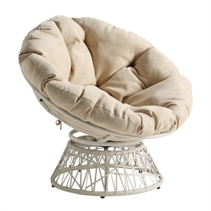 papasan chair with cream round fabric pillow cushion and cream wicker weave