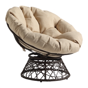 papasan chair with cream round fabric pillow cushion and brown wicker weave