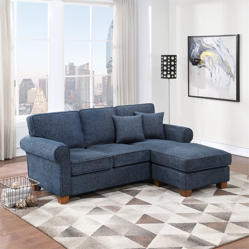 Rylee Rolled Arm Sectional in Navy Fabric with Pillows and Coffee Legs ...