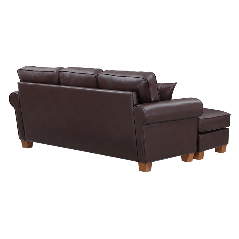 Rylee Rolled Arm Sectional in Cocoa Faux Leather with Pillows and