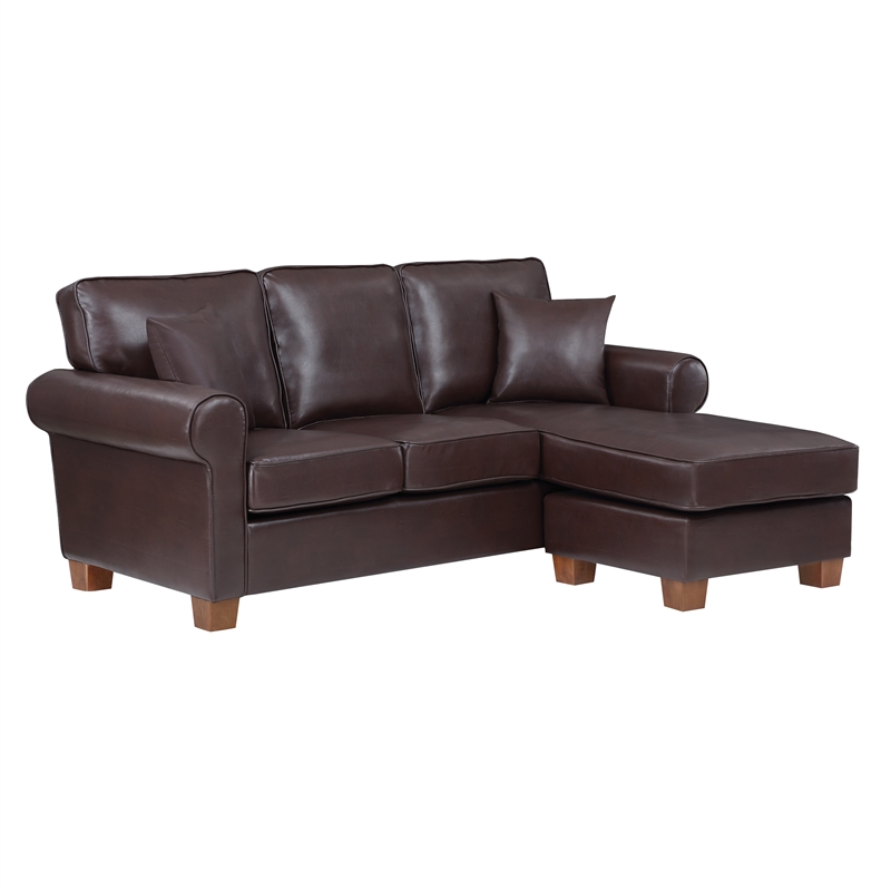 Rylee Rolled Arm Sectional in Cocoa Faux Leather with Pillows and