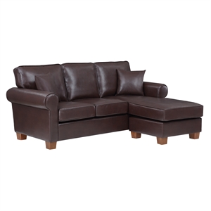 rylee rolled arm sectional in cocoa faux leather with pillows and coffee legs