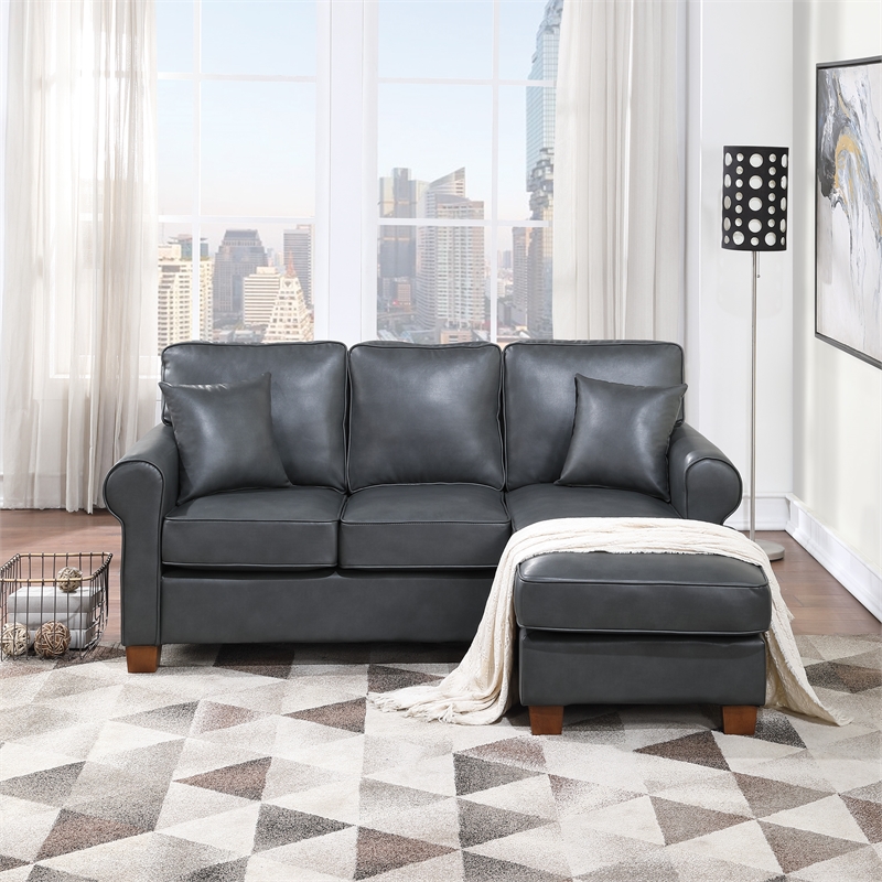 Rylee Rolled Arm Sectional in Pewter Gray Faux Leather with Pillows