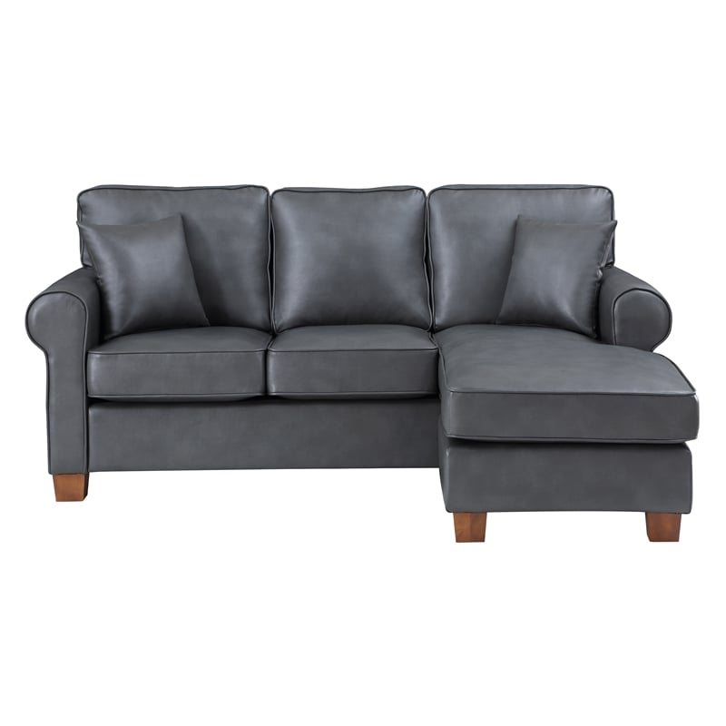Rylee Rolled Arm Sectional in Pewter Gray Faux Leather with Pillows