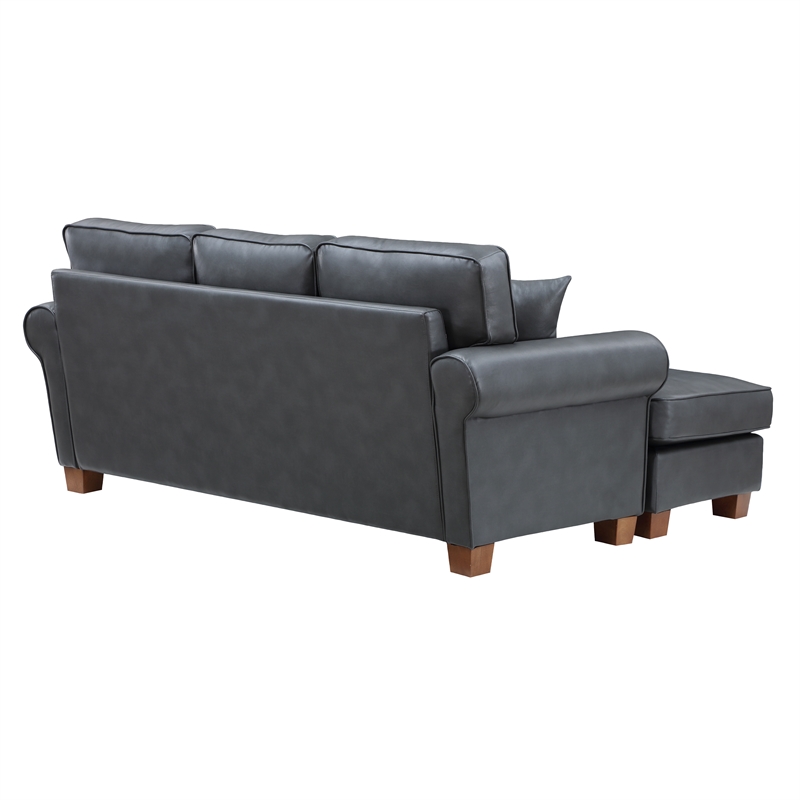 Rylee Rolled Arm Sectional in Pewter Gray Faux Leather with Pillows