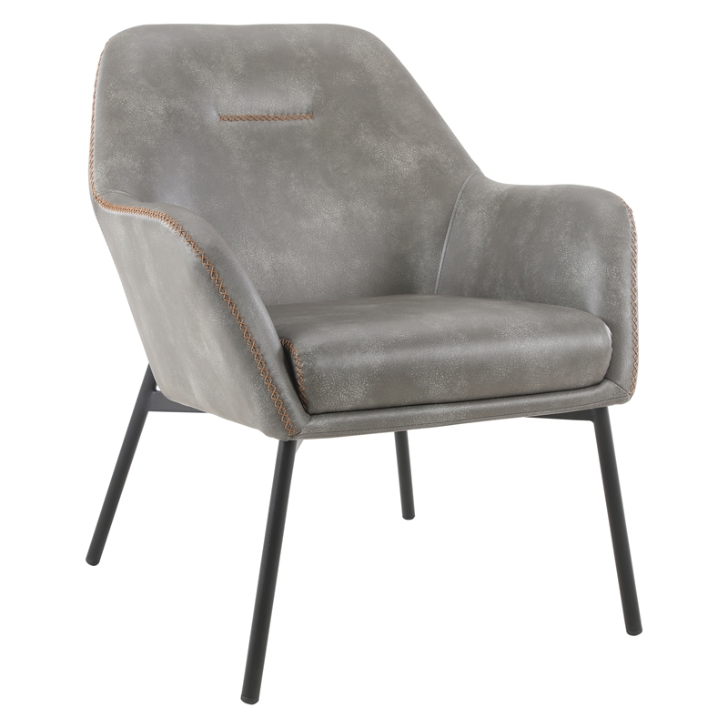 Brooks Accent Chair in Gray Faux Leather with Gold Stitch and Black Legs
