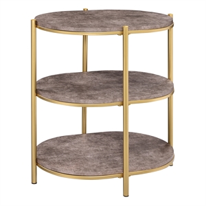 renton 3-tier oval engineered wood table with brown  shelves and soft gold frame