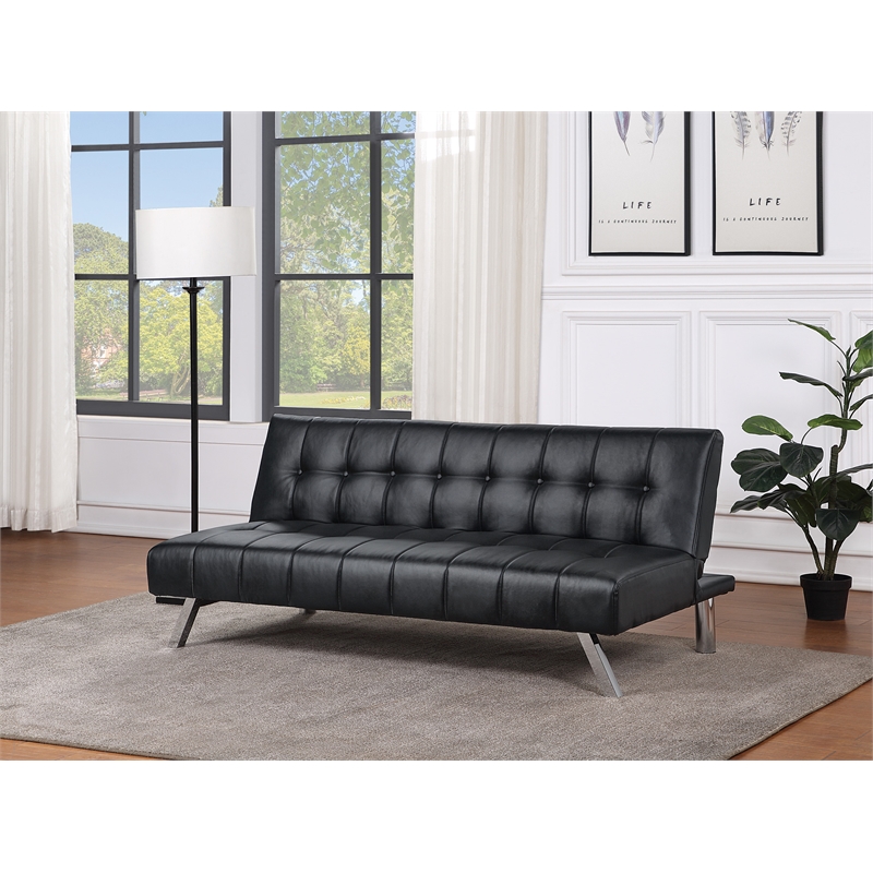 Sawyer Futon in Black Faux Leather with Stainless Steel Legs
