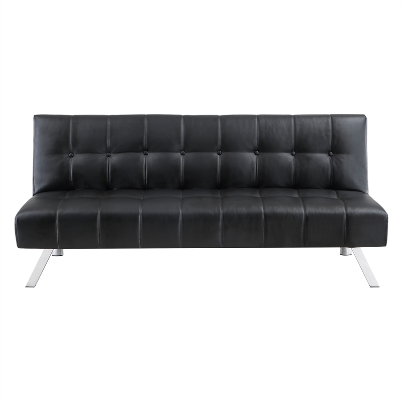 Sawyer Futon in Black Faux Leather with Stainless Steel Legs