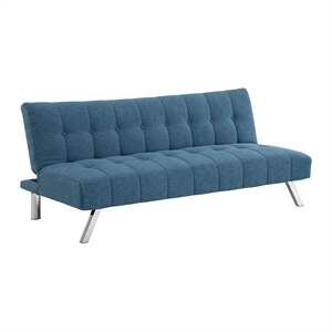 sawyer futon in blue fabric with stainless steel legs