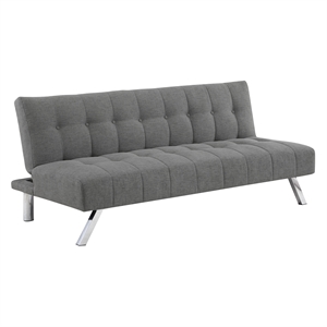 sawyer futon in gray fabric with stainless steel legs