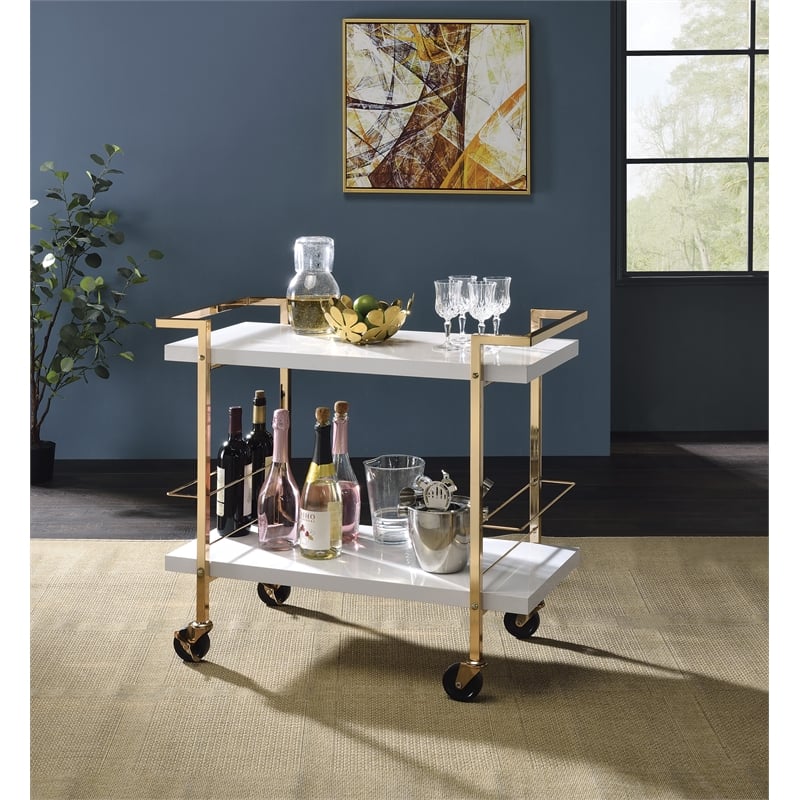 Alios Serving Cart in White Metal and Gold Frame