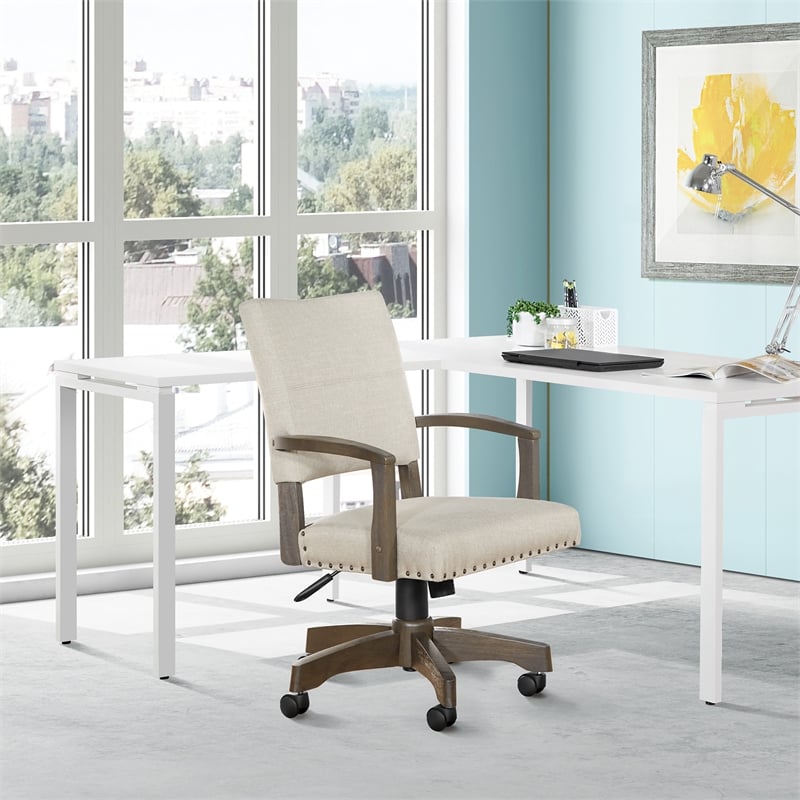 Santina Bankers Chair with Antique Gray Finish and Ivory White Fabric