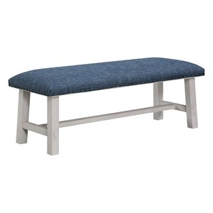 callen bench with white wash frame and bronze nailhead trim in navy fabric
