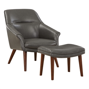 waneta chair and ottoman in pewter gray faux leather with medium espresso legs